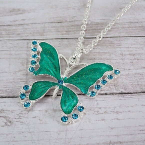 Large green butterfly pendant necklace in shiny enamel and blue crystals - Picture 4 of 7